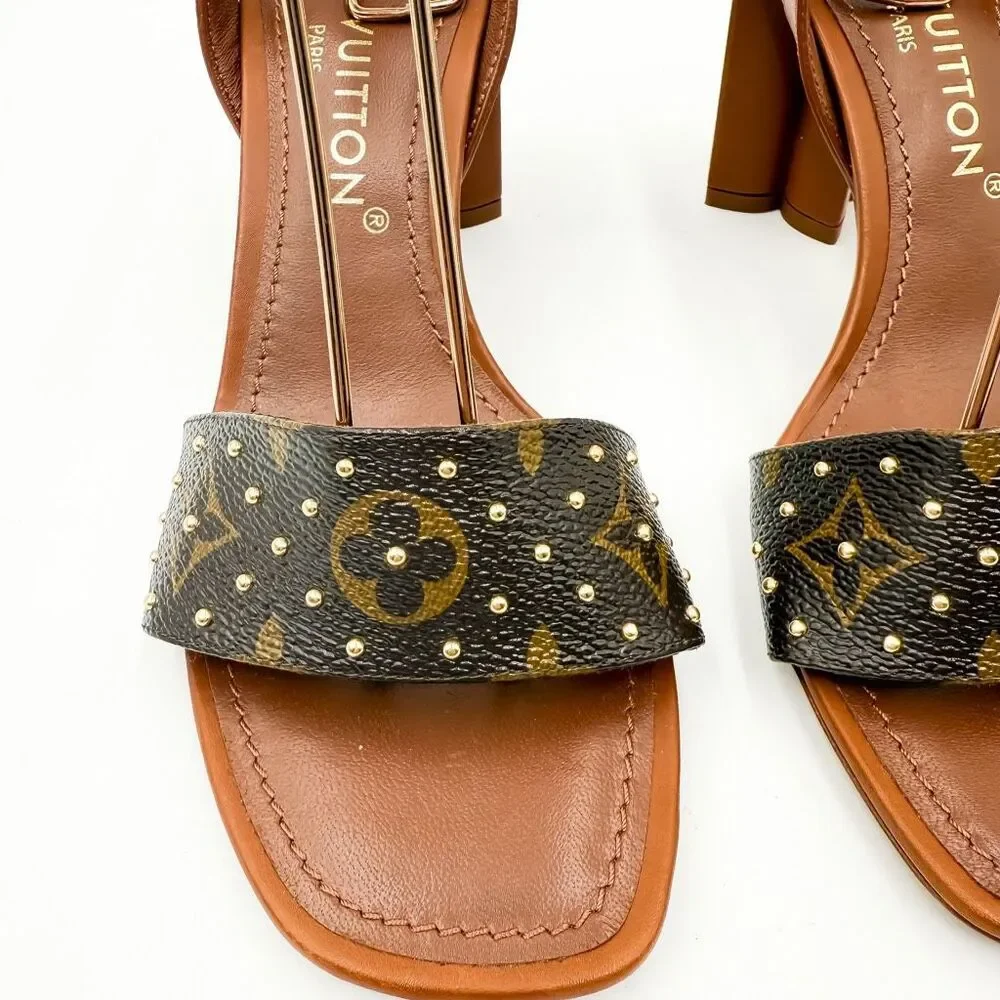 Louis Vuitton NEW LV Monogram Studded Block Heel Leather Sandals EU 38 US 8 - Picture 3 of 11